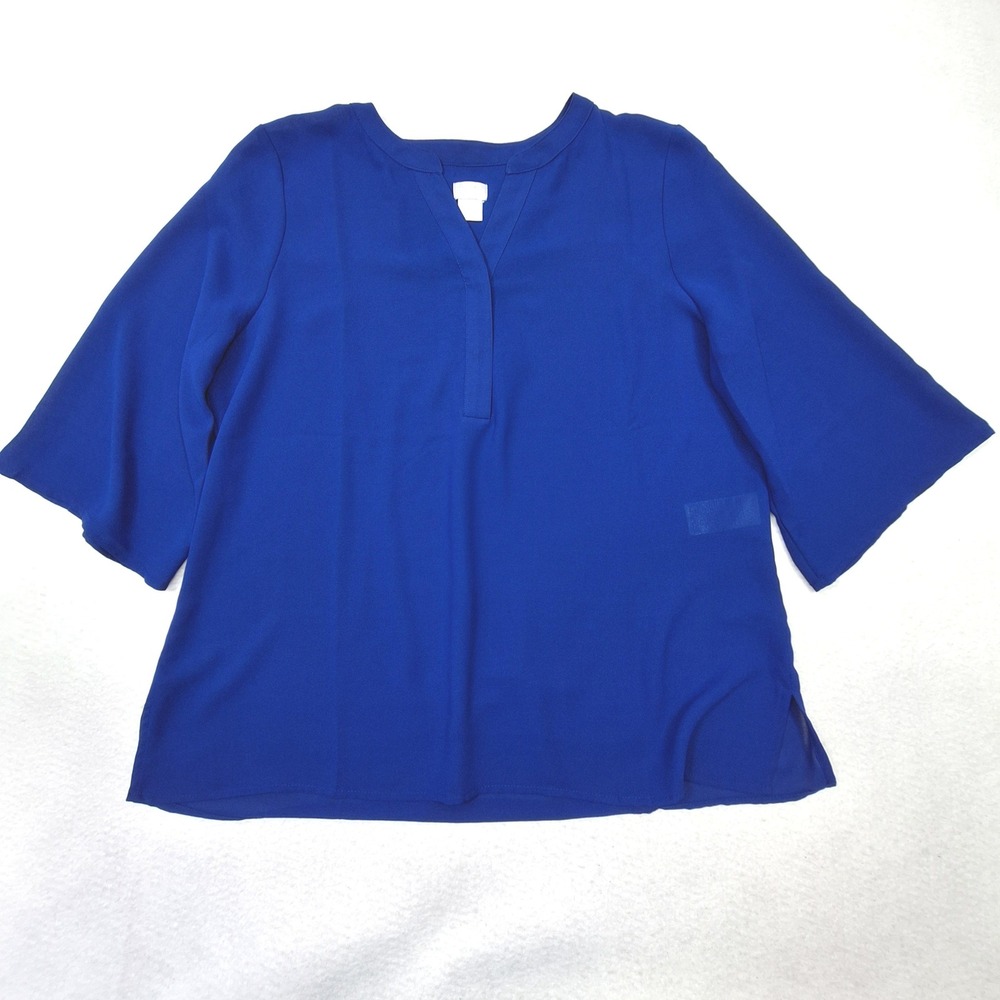 Chicos Blouse Womens Large Blue Bell‎ Sleeve Split Neck Pleated Back Workwear